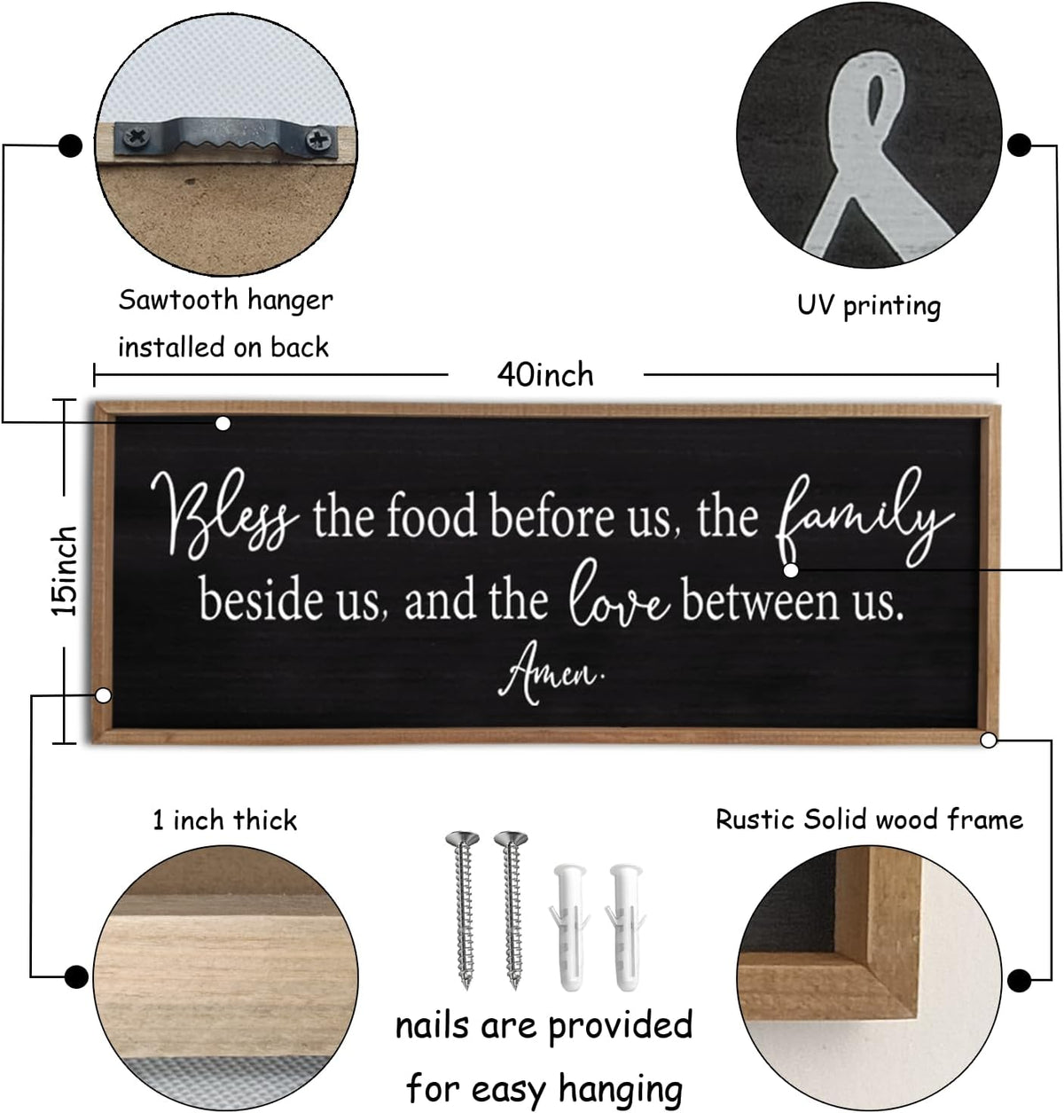 Bless the Food Before Us Sign Wall Decor 40"X15" Large Farmhouse Dining Room Wall Decor Framed Wood