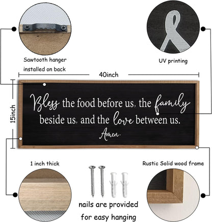 Bless the Food Before Us Sign Wall Decor 40"X15" Large Farmhouse Dining Room Wall Decor Framed Wood