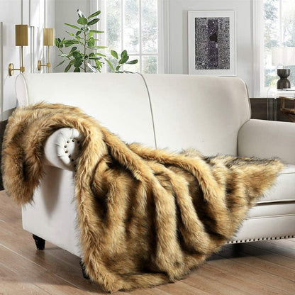 Luxury Plush Faux Fur Throw Blanket, Long Pile Golden Yellow with Black Tipped Blanket, Super Warm