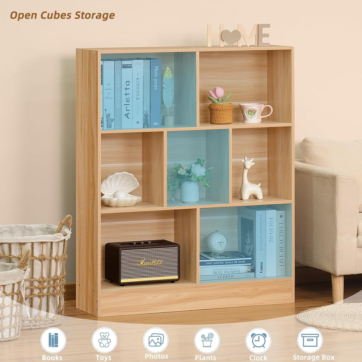 LEYAOYAO 7 Cube Bookshelf with Wood Base,Natural 3 Tier Mid-Century Modern Bookcase,Standing Wide