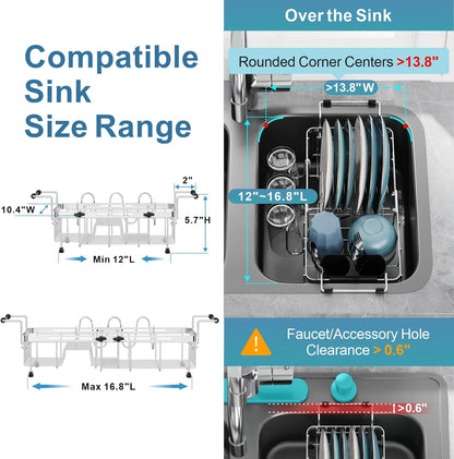 GSlife Expandable in Sink Small Dish Drying Rack - Stainless Steel Capacity Adjustable Over The