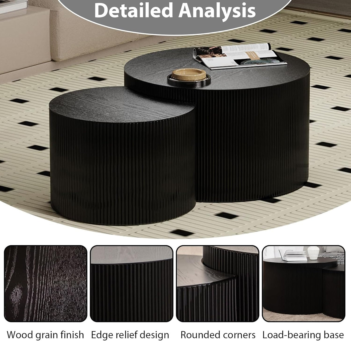 Round Nesting Coffee Table Set of 2 Handcraft Circle Fluted Nesting Coffee Tables Circular Side