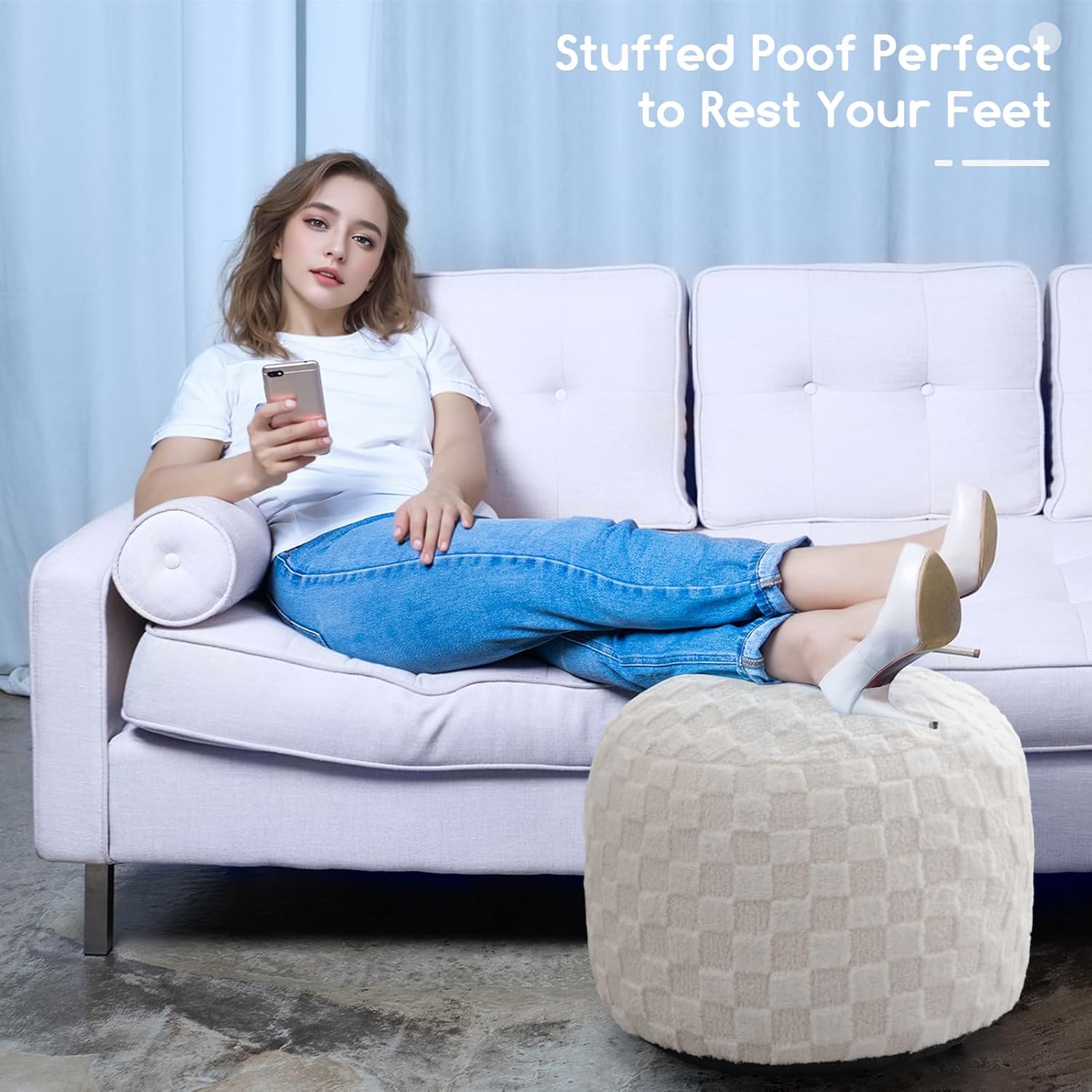 HIGOGOGO Round Stuffed Pouf Ottoman, Plaid Poufs with Foam Chunk Filling, Fluffy and Furry Pouf