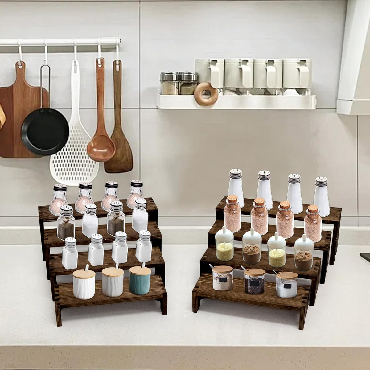 Large Display Wood Risers Wooden Stand 8 Tier Wood Racks Decorative Rectangular, 2 Set 8 Pieces