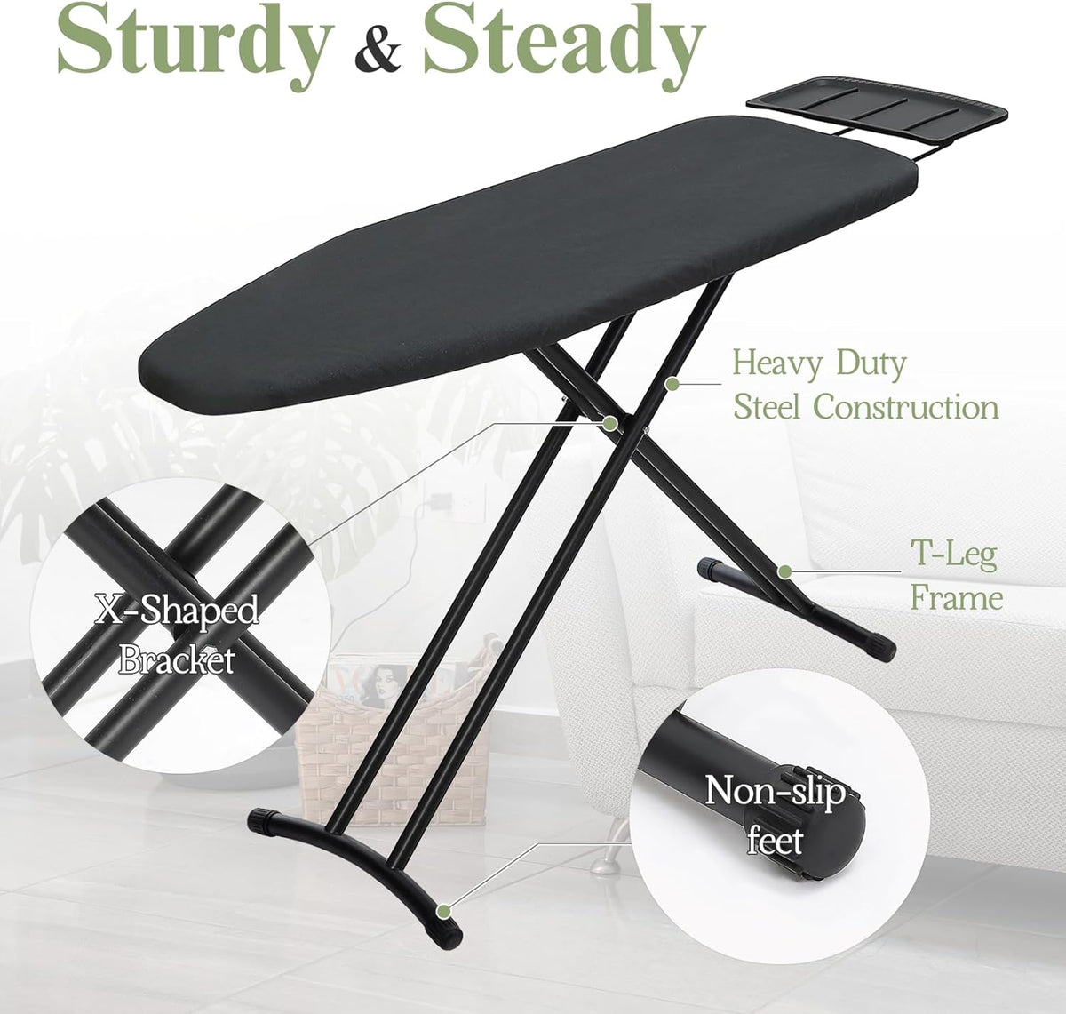 Ironing Board 48x15, Wide Heavy Duty Full Size Iron Board with Retractable Iron Rest, BlissBoard