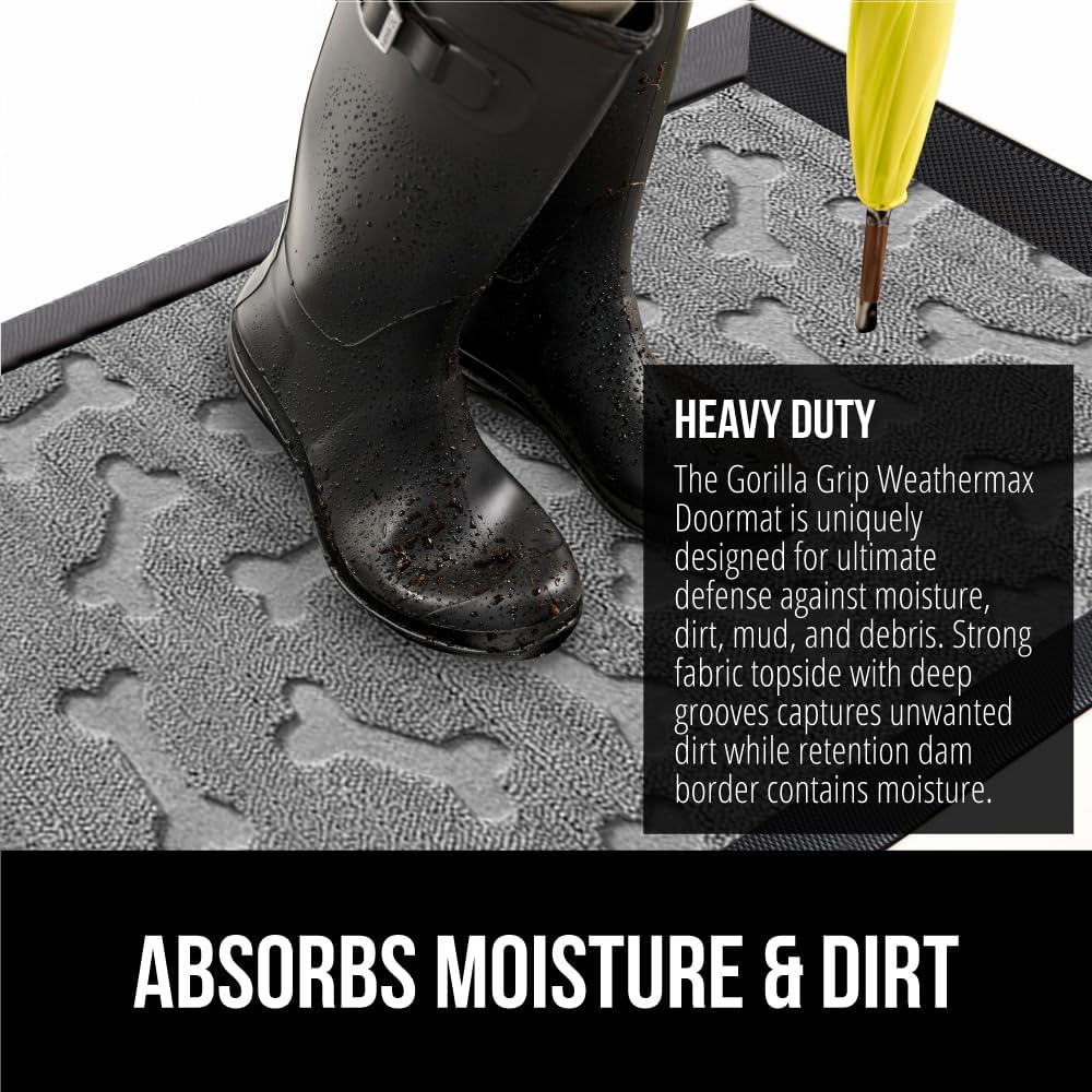 GORILLA GRIP 100% Waterproof All-Season WeatherMax Doormat, US Designed Natural Rubber, Stain and