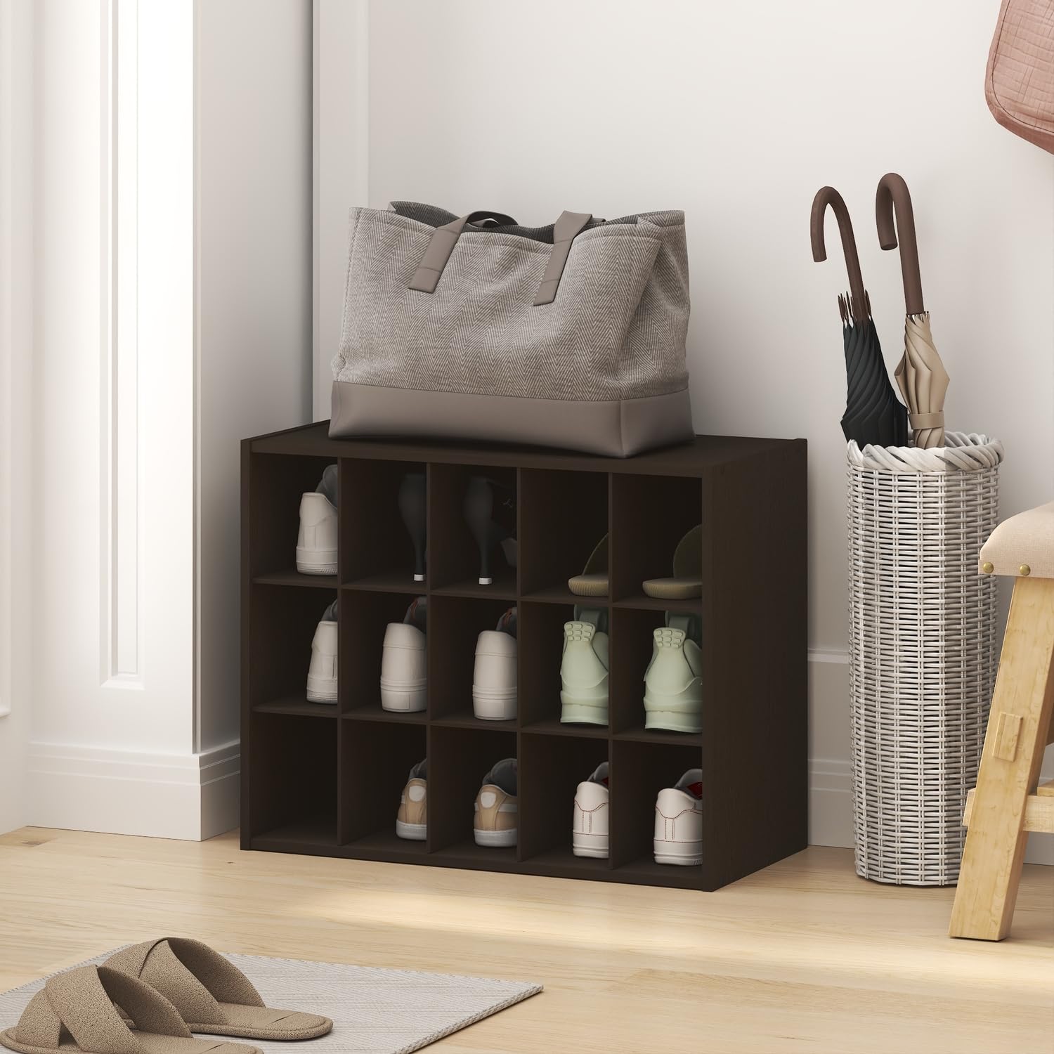 Furinno FANO 15-Cube Shoe Rack, Stackable Shoe Organizer, Dark Oak