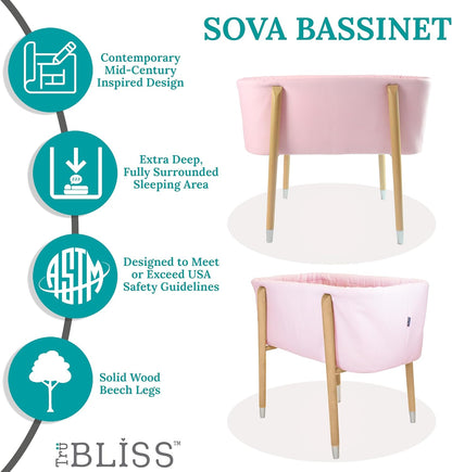 Sova Portable Baby Bassinet, Mid-Century Design with Extra Deep Walls for Newborns and Babies
