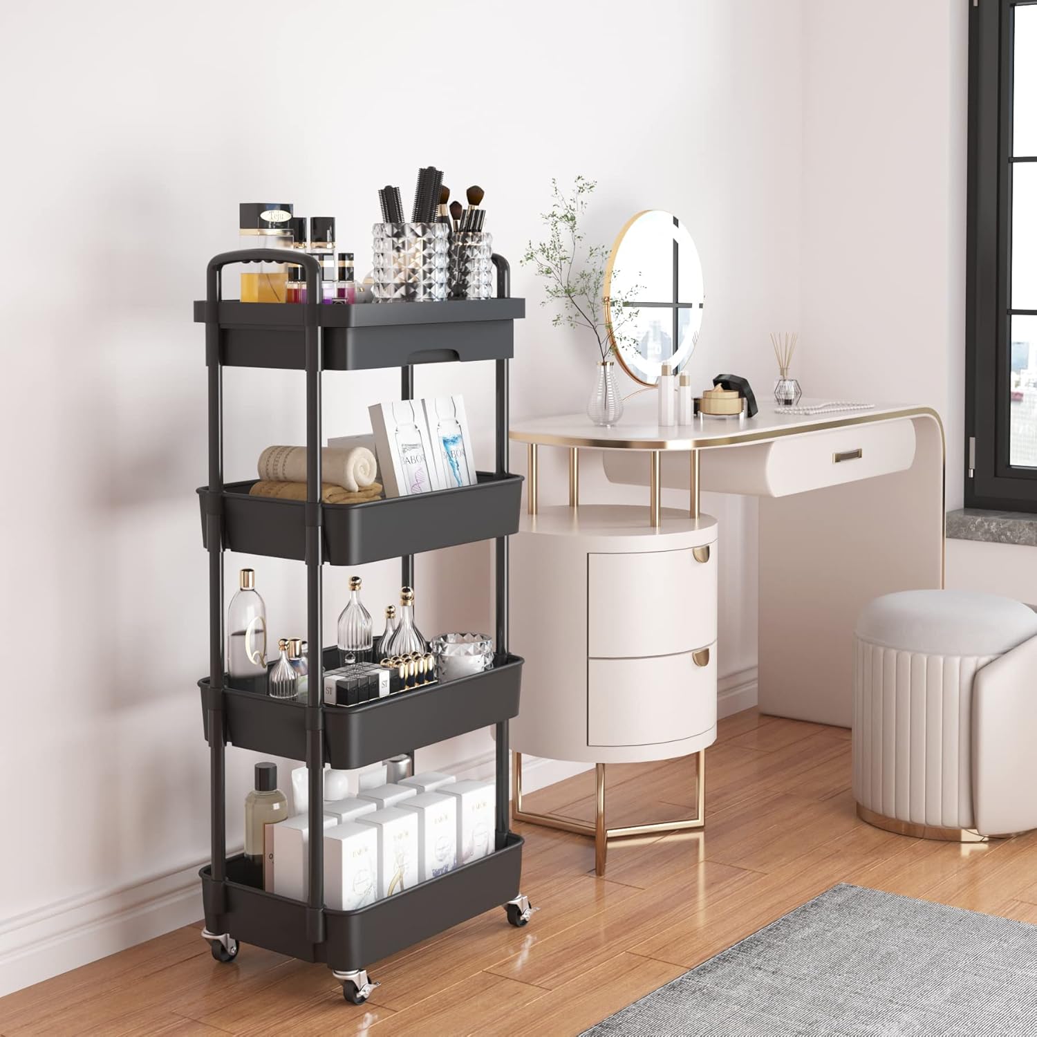 Calmootey 4-Tier Rolling Utility Cart with Drawer,Multifunctional Storage Organizer with Plastic