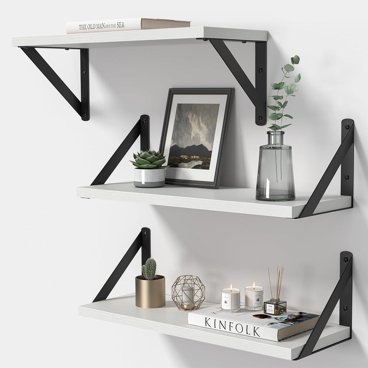 Heimlove Floating Shelves for Wall, 16 Inch Long Wood Floating Shelves Set of 3, Wall Mounted