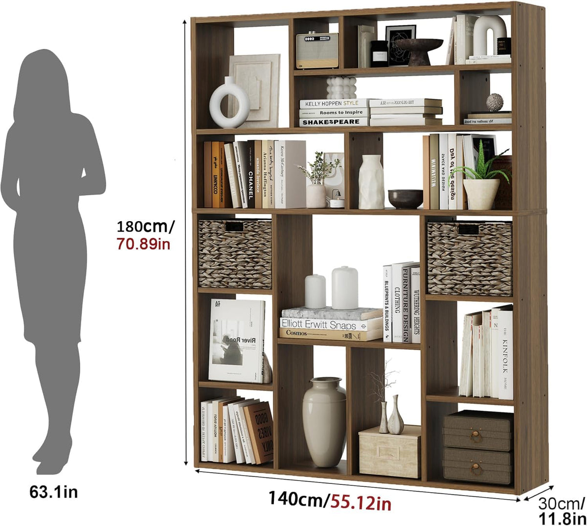 71” Tall Wooden Bookcase 6-Tier Large Bookshelves with 2 Woven Baskets, 55" Wide Floor Standing