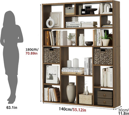 71” Tall Wooden Bookcase 6-Tier Large Bookshelves with 2 Woven Baskets, 55" Wide Floor Standing