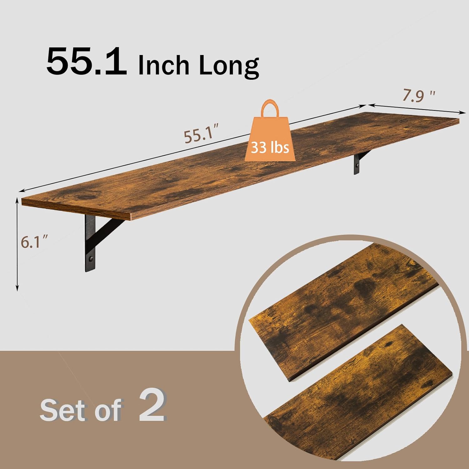 DINZI LVJ Long Wall Shelves, 55.1Inch Wall Mounted Shelves Set of 2, Extra Large Floating Storage
