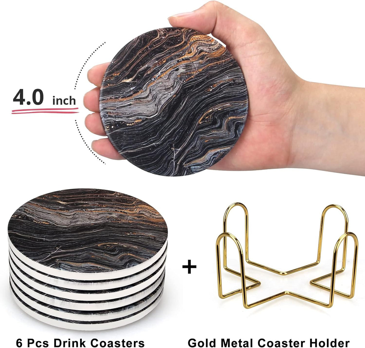 White Marble Style Ceramic Coasters Set of 6 with Holder Round Modern Coffee Table Decor Drink