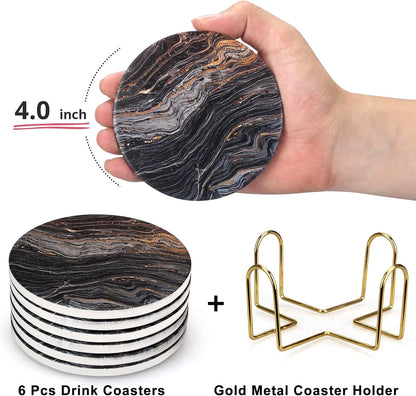 White Marble Style Ceramic Coasters Set of 6 with Holder Round Modern Coffee Table Decor Drink