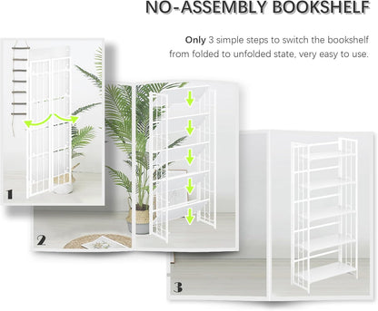 4NM No Assembly 5 Tiers Folding Bookshelf, 59.4" H Foldable Storage Shelves Vintage Bookcase
