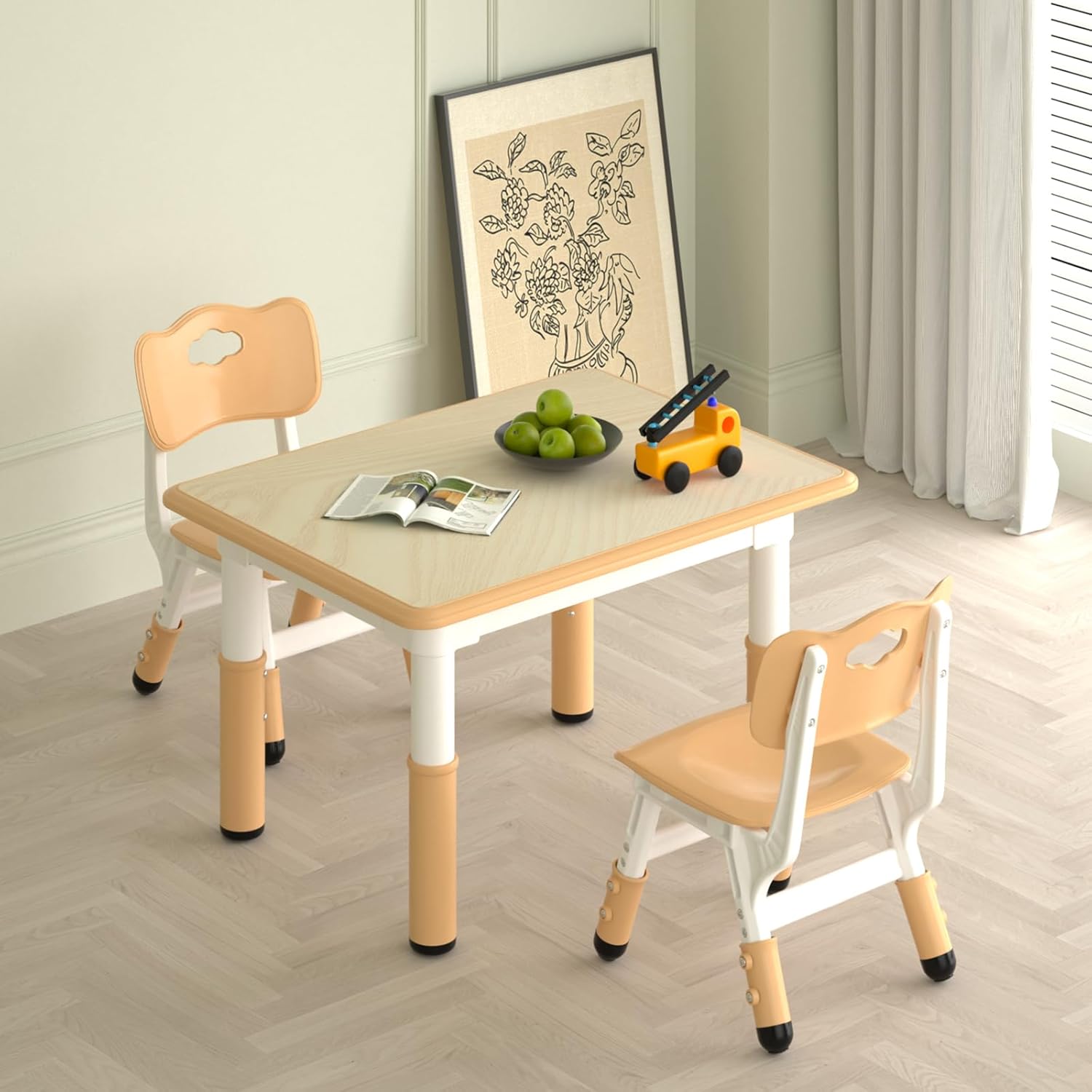 Kids Study Table and 2 Chairs Set,Height Adjustable Table and Chairs for Children and