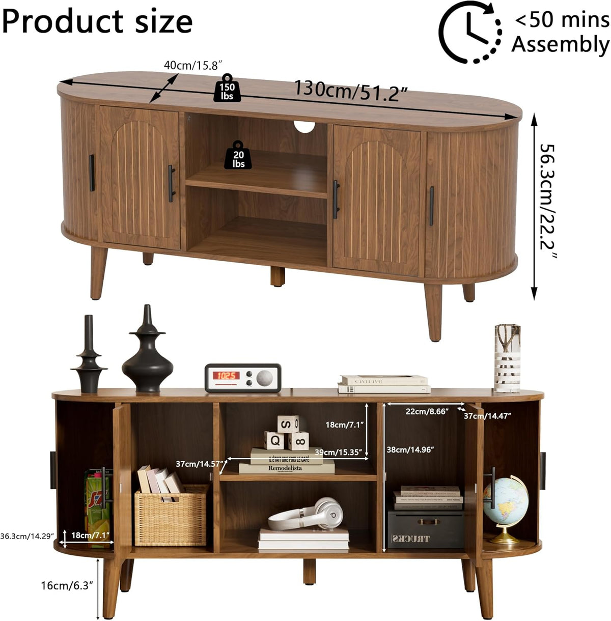 51" Fluted TV Stand, Mid-Century Modern Entertainment Center for Tvs up to 60" with Drawers and