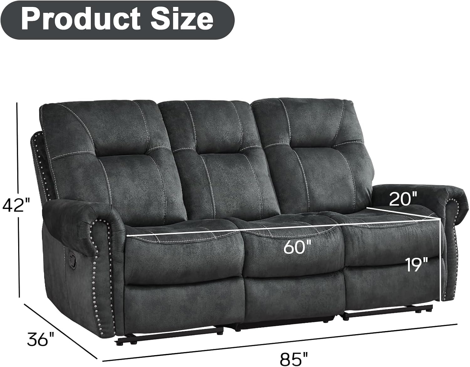 EBELLO Manual Recliner 3 Seat Sofa Couch, Soft Fabric 3 Seater Reclining Couch Chair, Vintage Rivet