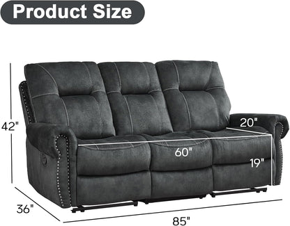 EBELLO Manual Recliner 3 Seat Sofa Couch, Soft Fabric 3 Seater Reclining Couch Chair, Vintage Rivet
