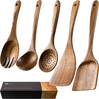 Wooden Spoons for Cooking, Nonstick Cooking Utensil Set with 5 Piece Acacia Wooden Spatulas and