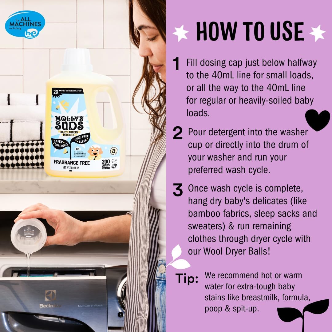 Molly's Suds Baby Liquid Laundry Detergent | Removes Formula, Poop & Spit-Up Stains | Extra Gentle