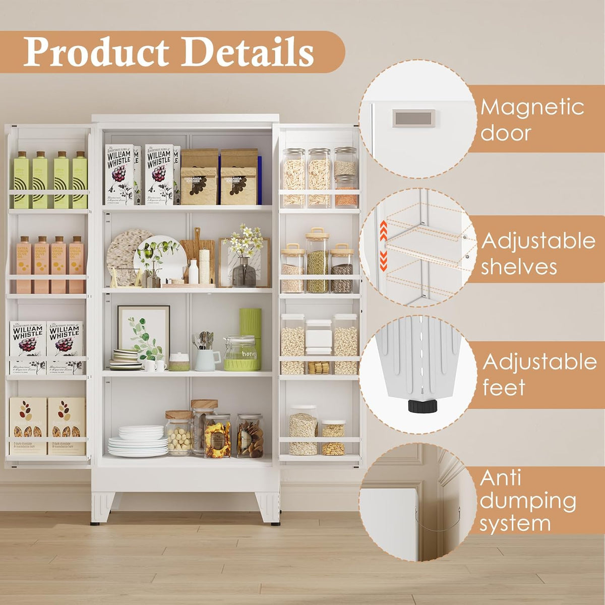 51" H Metal Kitchen Pantry Storage Cabinet, Freestanding Cupboard Storage Cabinet with Doors and