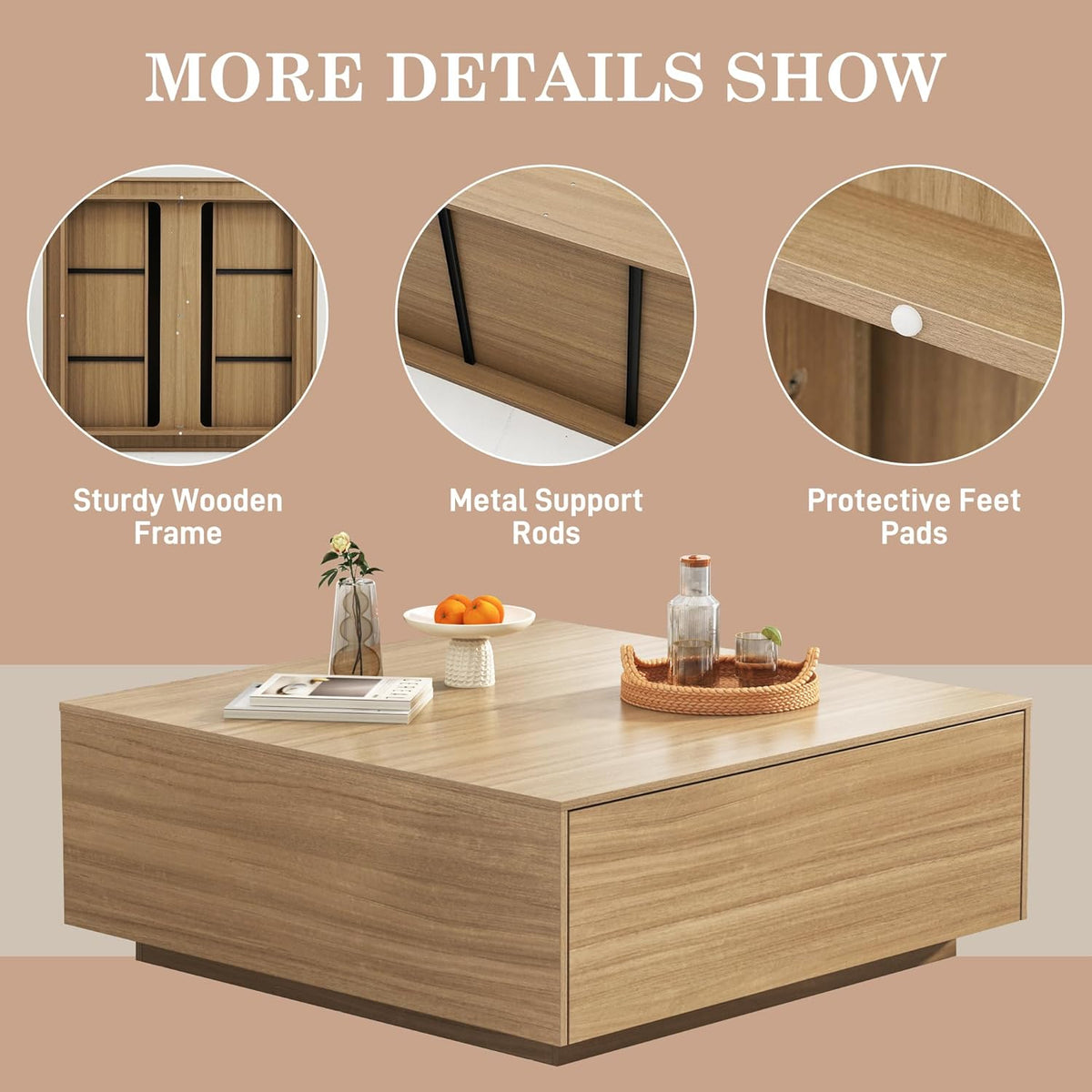 43” Square Coffee Table with Storage, 43" D x 43" W x 17" H Modern Large Square Center Table with 2