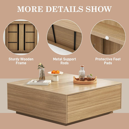 43” Square Coffee Table with Storage, 43" D x 43" W x 17" H Modern Large Square Center Table with 2