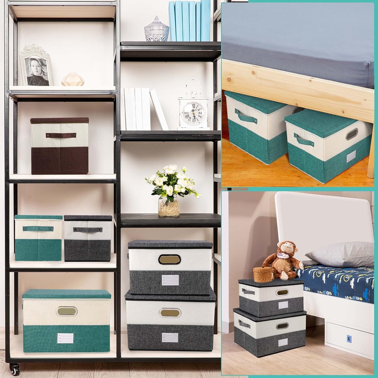 Large Linen Fabric Foldable Storage Bins with Removable Lid and Handles, Washable Storage Box