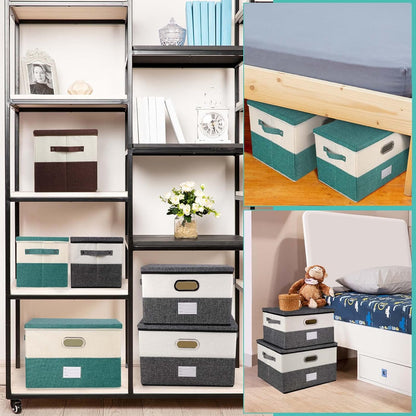 Large Linen Fabric Foldable Storage Bins with Removable Lid and Handles, Washable Storage Box