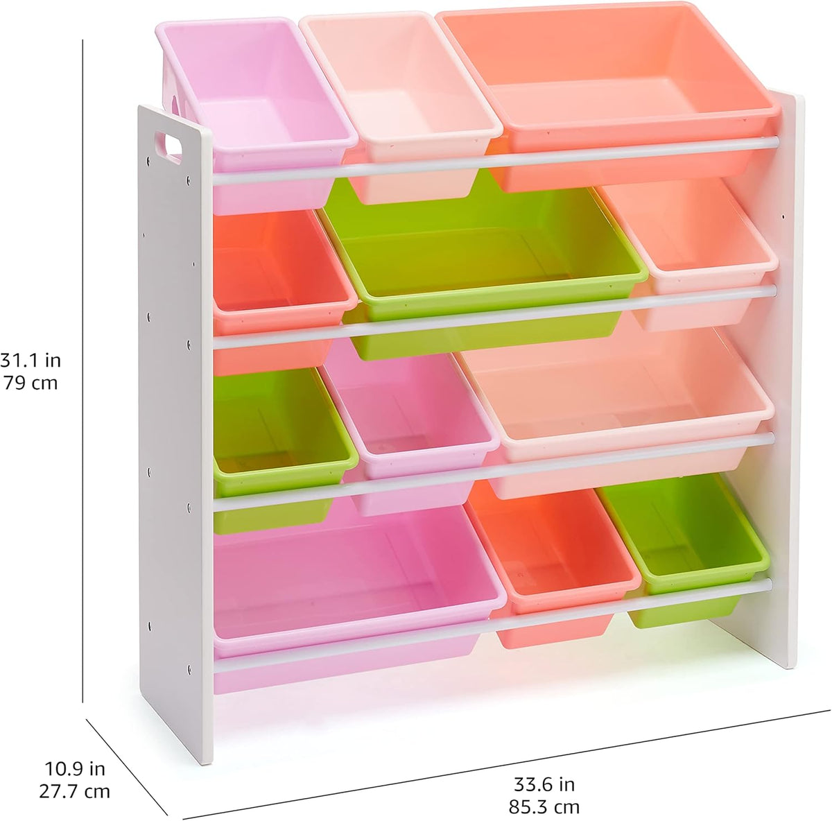 Amazon Basics Kids Toy Storage Organizer With 12 Plastic Bins, White Wood With Pink Bins, 10.9" D x