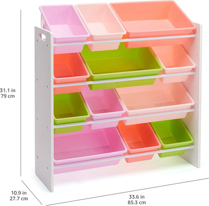 Amazon Basics Kids Toy Storage Organizer With 12 Plastic Bins, White Wood With Pink Bins, 10.9" D x