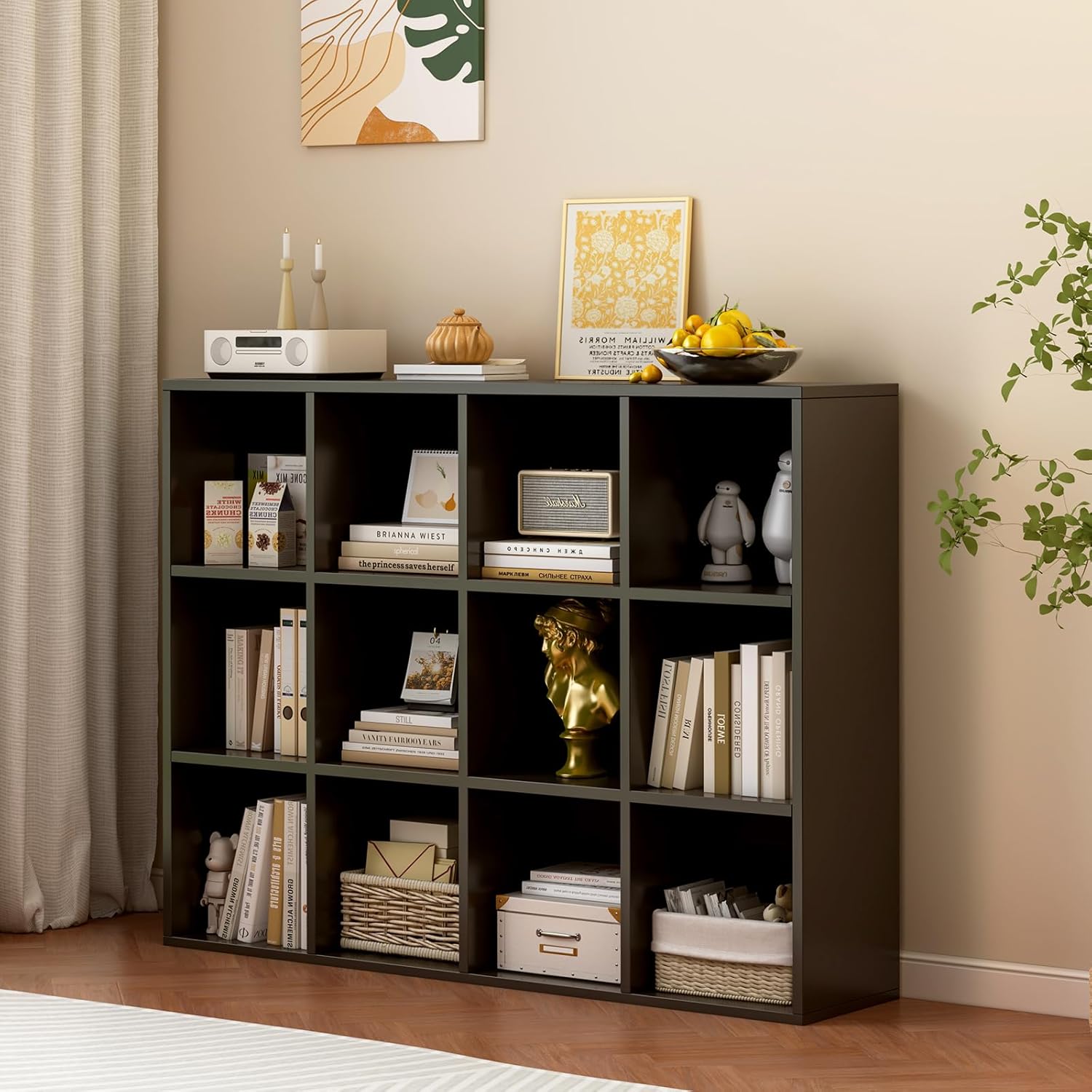 12-Cube Storage Shelf Bookcase - Wooden 3-Tier Floor Standing Open Bookshelf for Home and Office