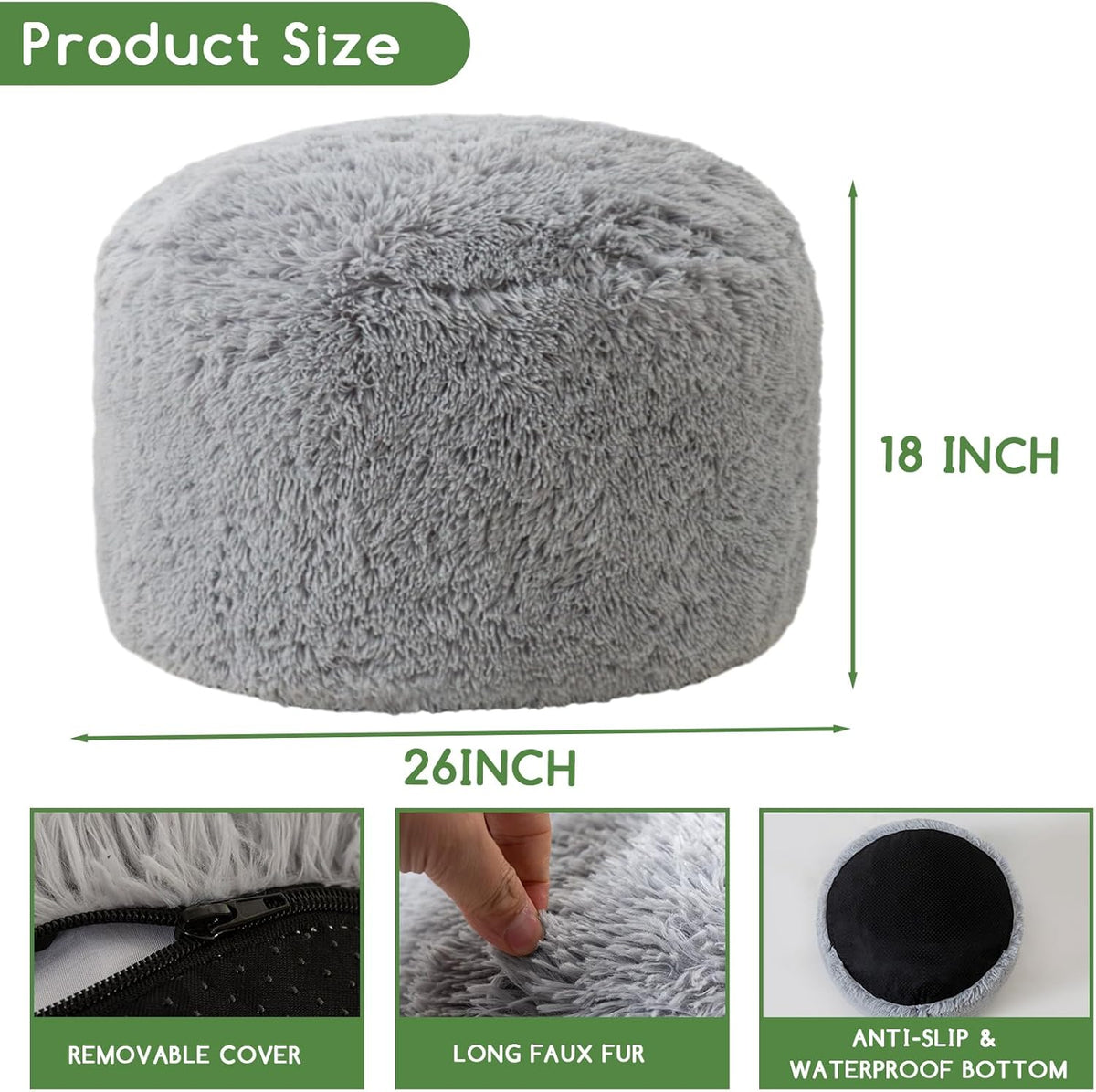 HIGOGOGO Round Stuffed Pouf Ottoman, Long Faux Fur Poufs with Foam Chunk Filling, Fluffy and Furry