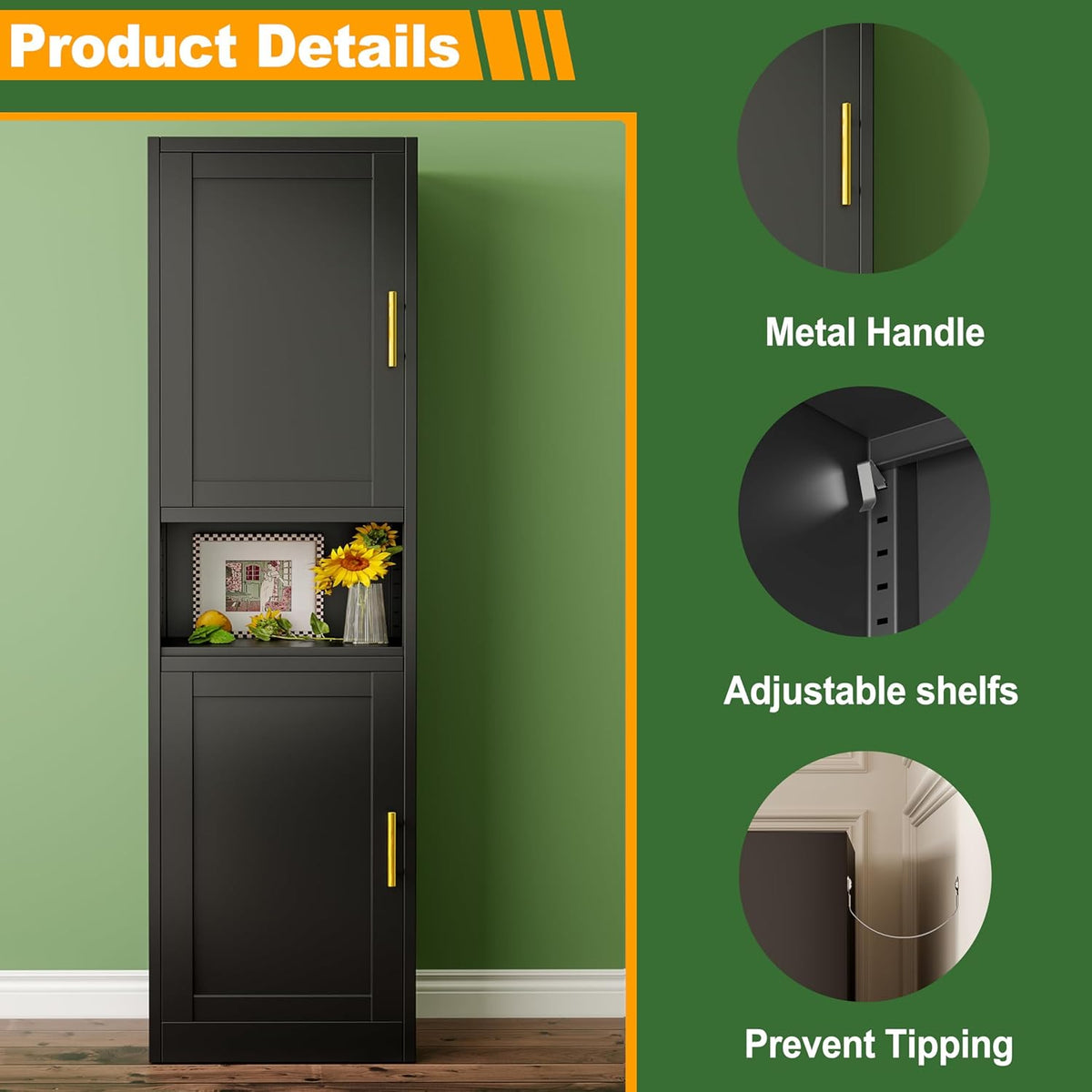 Tall Narrow Storage Cabinet 66.93" H Tall Bathroom Cabinet Metal Pantry Cabinets, 4 Adjustable