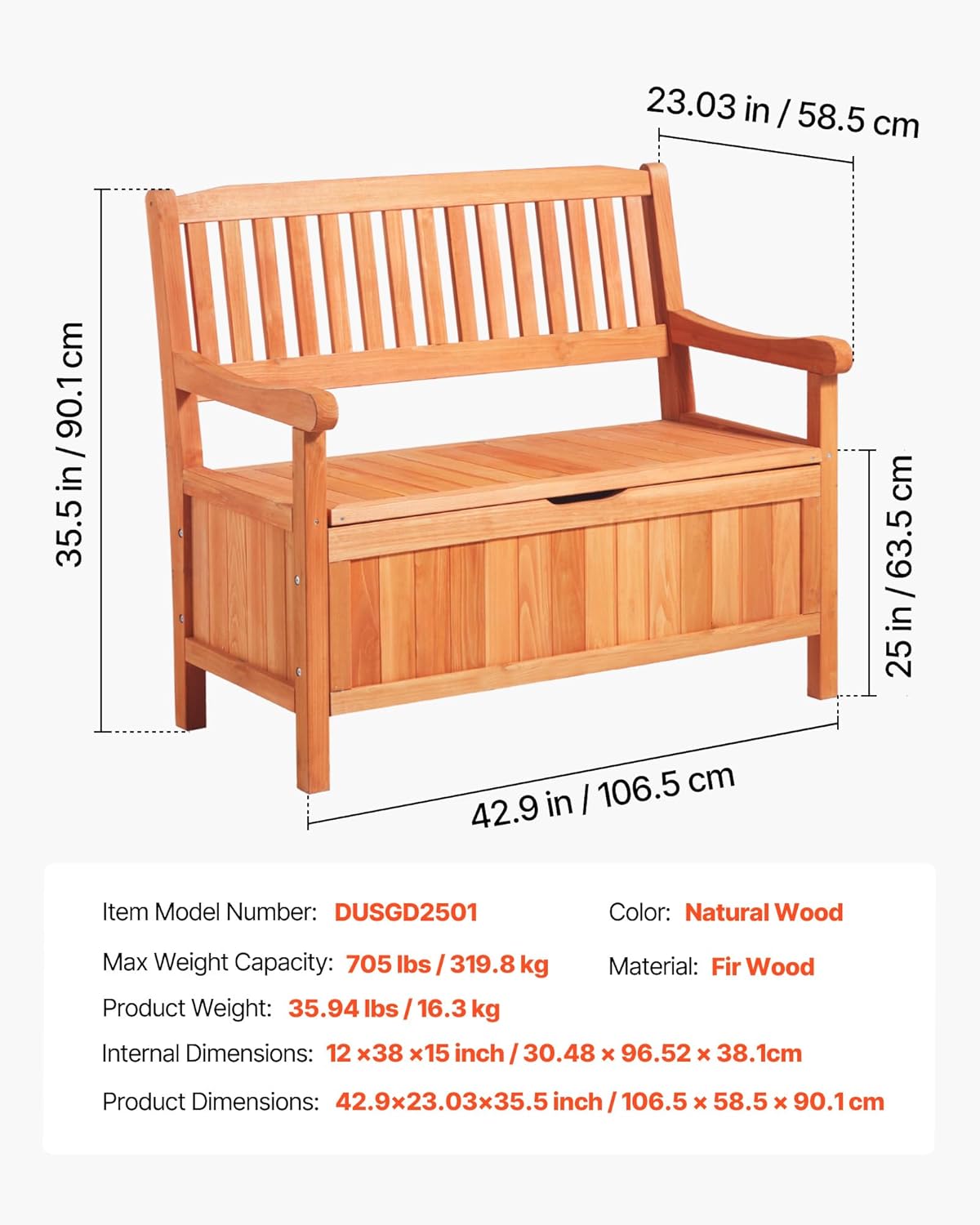 VEVOR Outdoor Storage Bench, 2-Person Wooden Storage Bench, 33 Gallons Deck Box with Side Handle