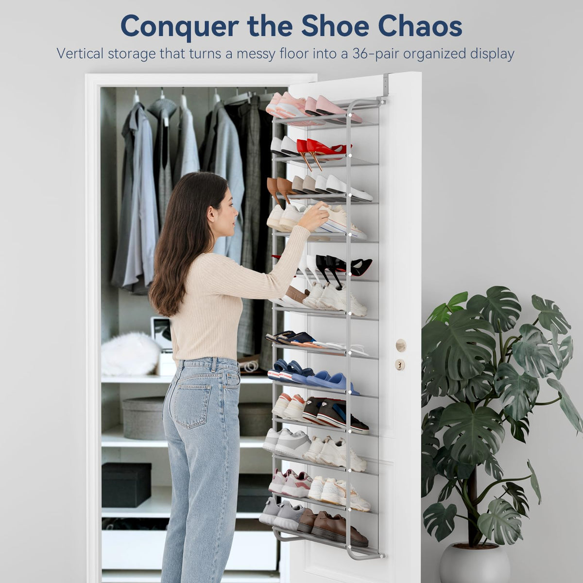 Whitmor 36 Pair Over The Door Shoe Organizer, 12 Tier Hanging Shoe Organizer, Heavy Duty Metal &
