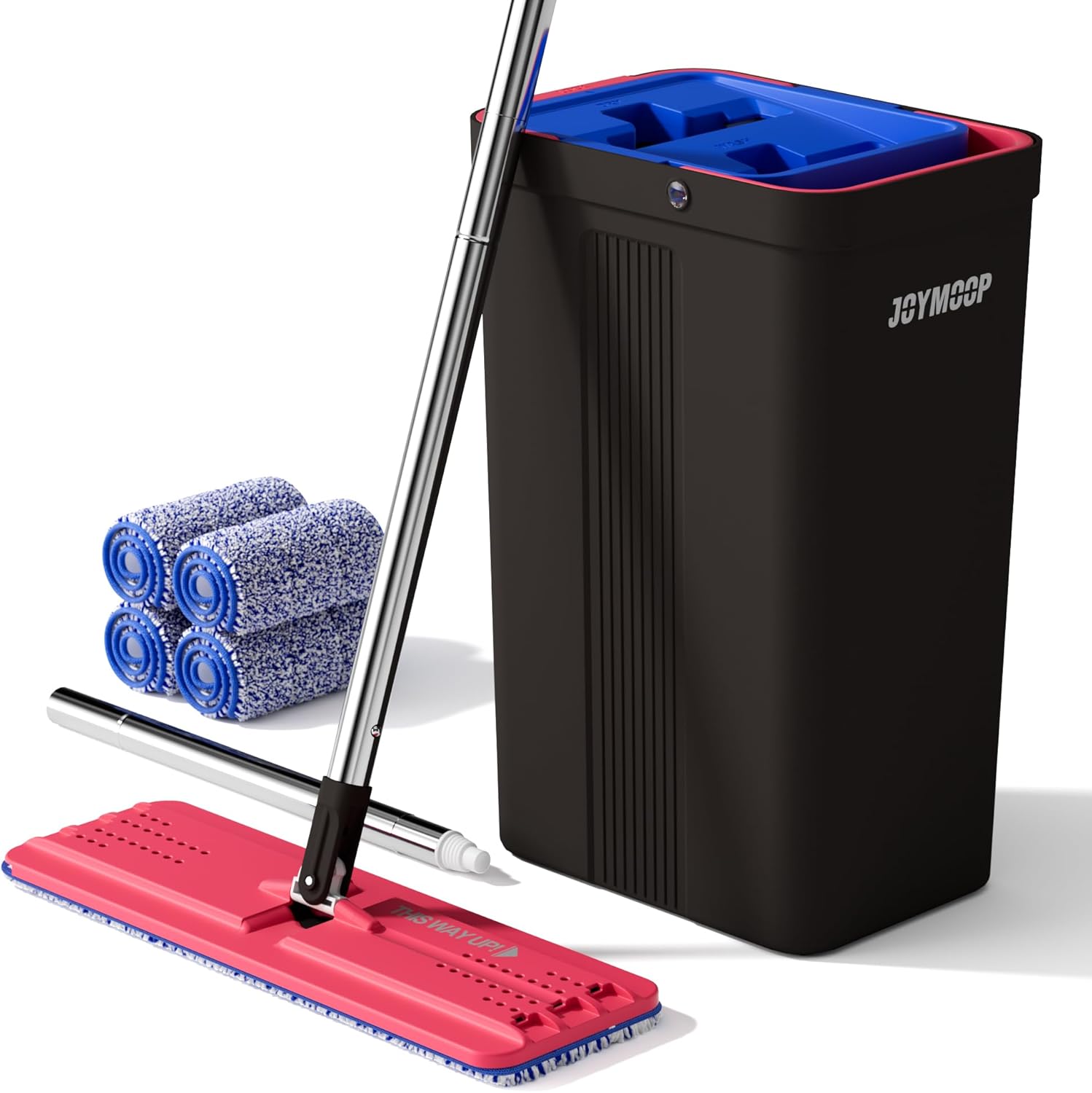 JOYMOOP Mop and Bucket with Wringer Set, Hands Free Flat Floor Mop and Bucket, with 4 Washable