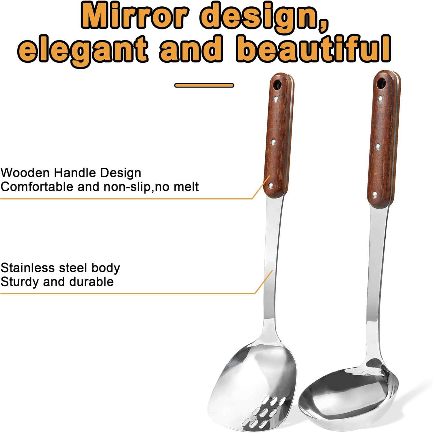FJNATINH Stainless Steel Wok Spatula and Ladle Tool, Mirror Polished Cooking Utensils Set Metal Wok