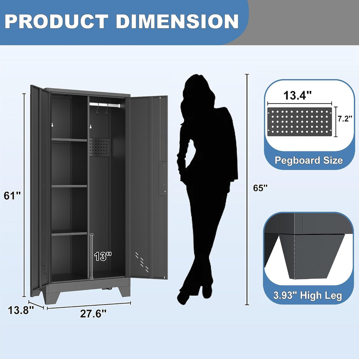 61" Broom Closet Storage Cabinet, Metal Storage Cabinet with Doors, Utility Cabinets for Brooms and