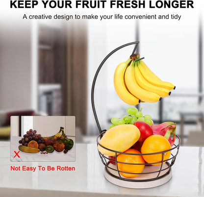 Livabber Countertop Fruit Basket Bowl with Banana Hanger, Modern Standing Fruit Vegetable Bowl