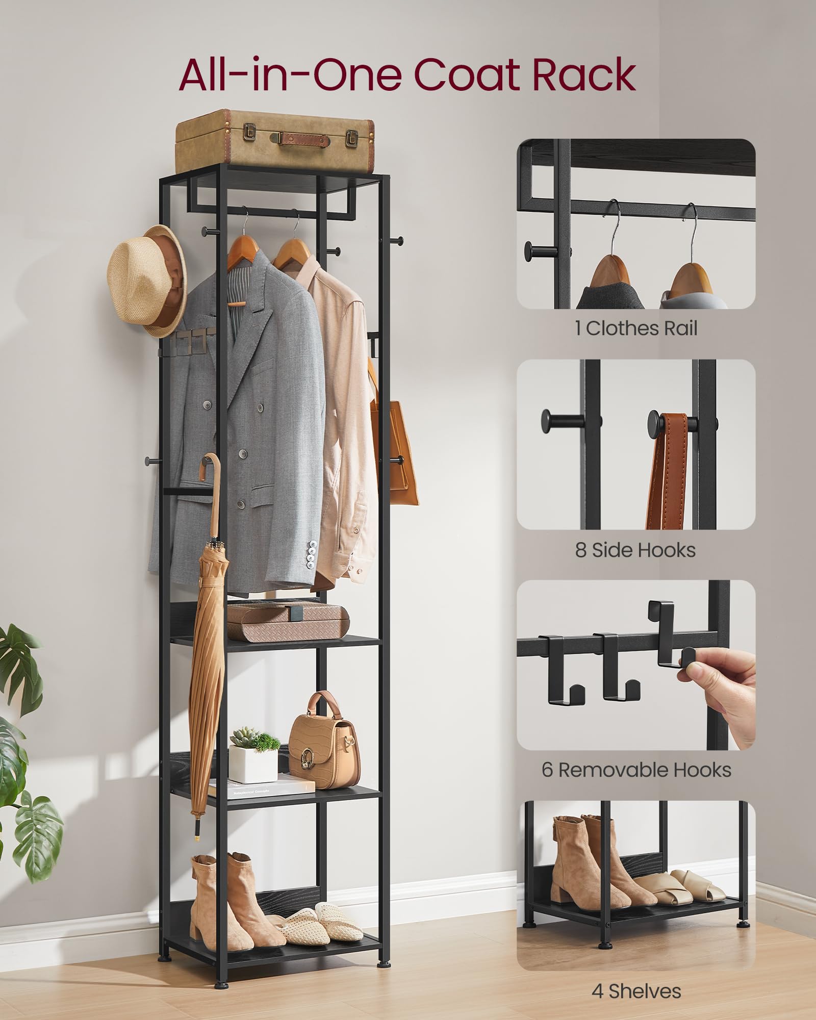VASAGLE Coat Rack, Freestanding Hall Tree with Shelves, Hanging Rail, and Hooks, Space-Saving Coat