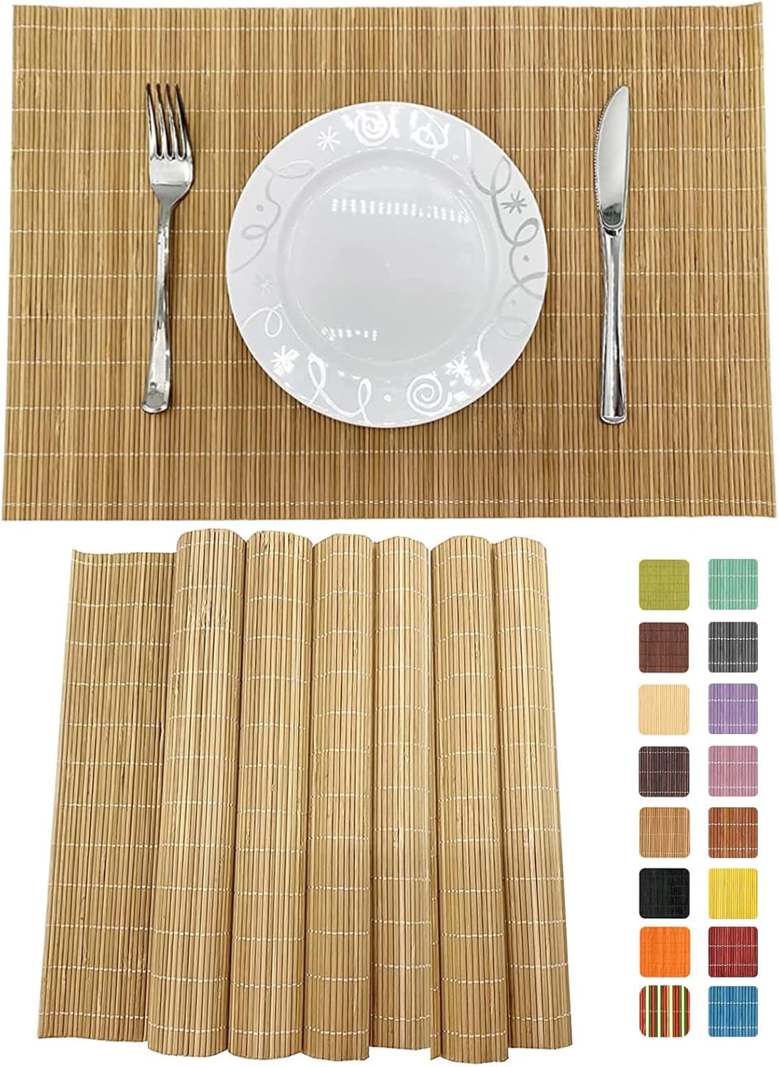 ANDSTAR Set of 6 Bamboo Placemats 17.7X11.8Inch Sushi Rolling Mat Japanese Style Bamboo Mat Natural