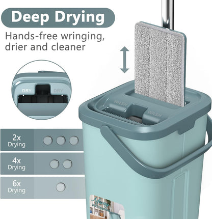 Aifacay Mop and Bucket with Wringer Set, Flat Wall Mop and Bucket Set with 4 Reusable Microfiber