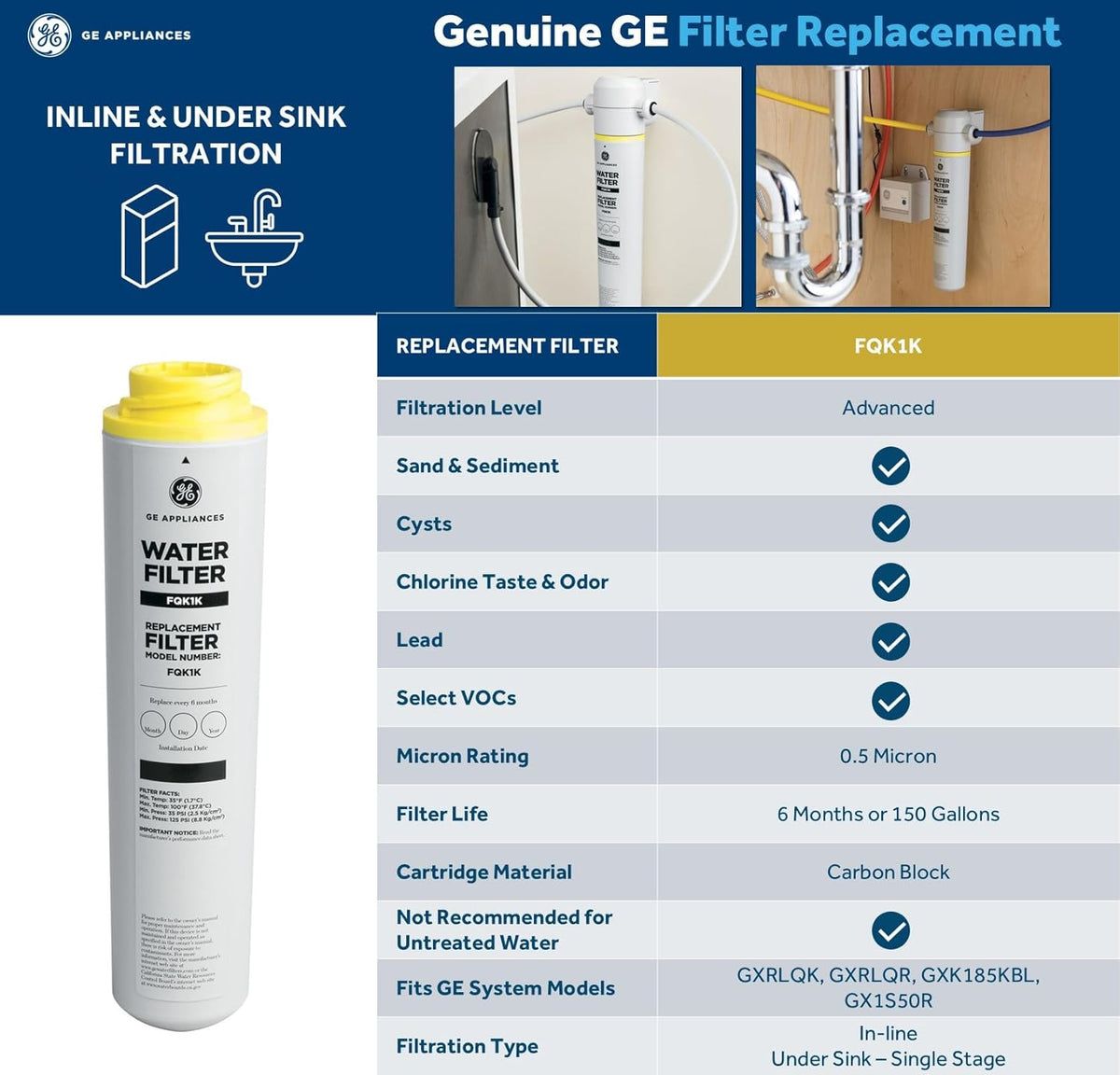 GE FQK1K Under Sink Water Filter | Replacement for Water Filtration System | Easy Install | Reduces