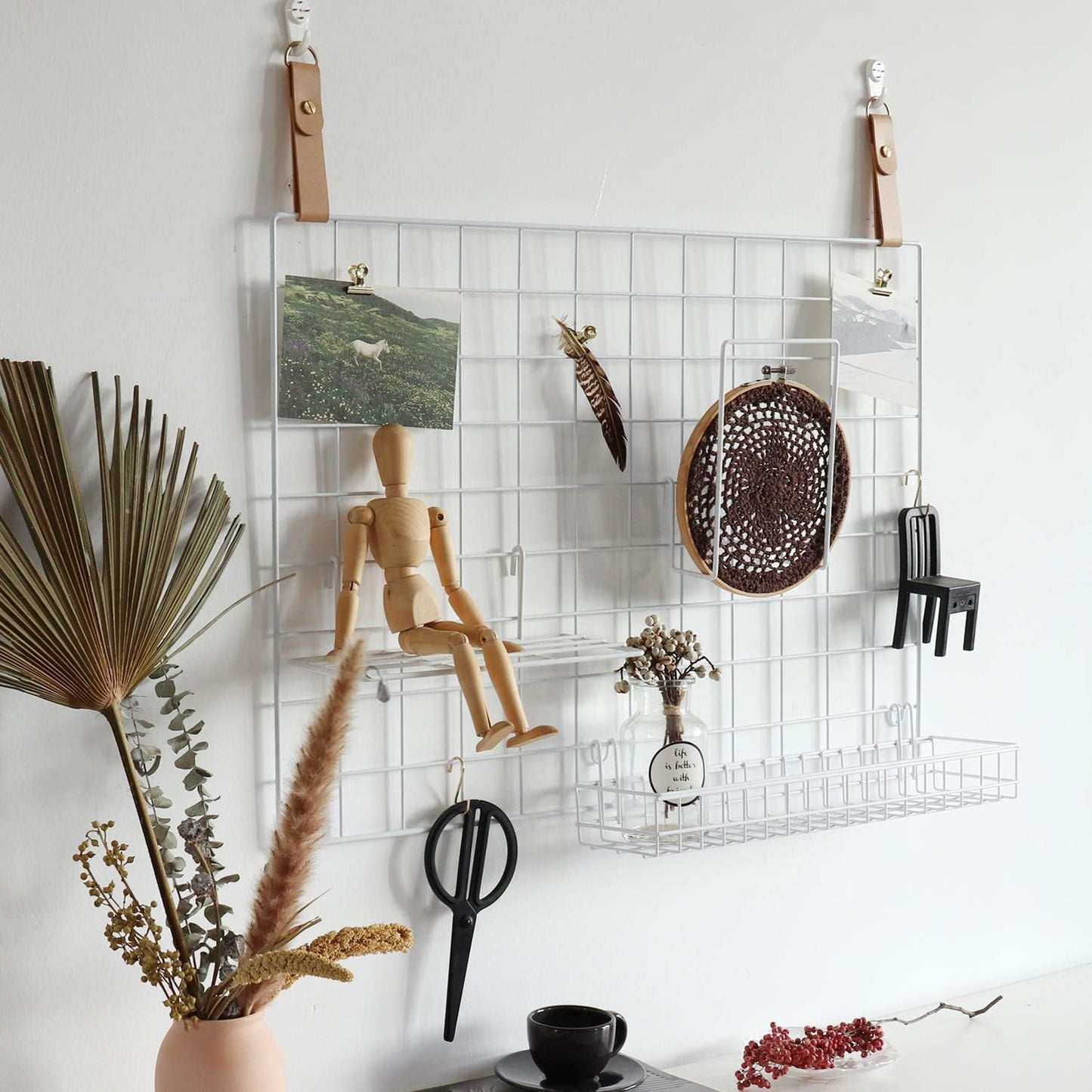 FRIADE Wall Grid Panel Hanging Basket with Hooks,Bookshelf,Display Shelf,Wall Organizer and Storage