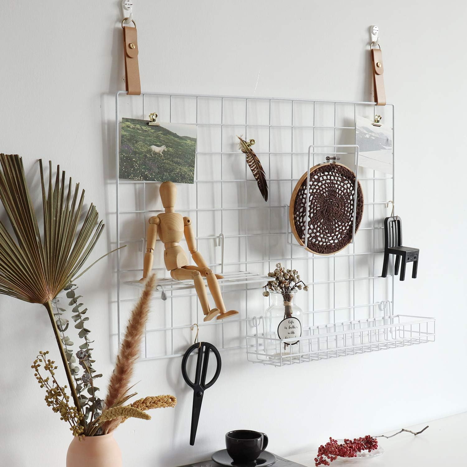 FRIADE Wall Grid Panel Hanging Basket with Hooks,Bookshelf,Display Shelf,Wall Organizer and Storage