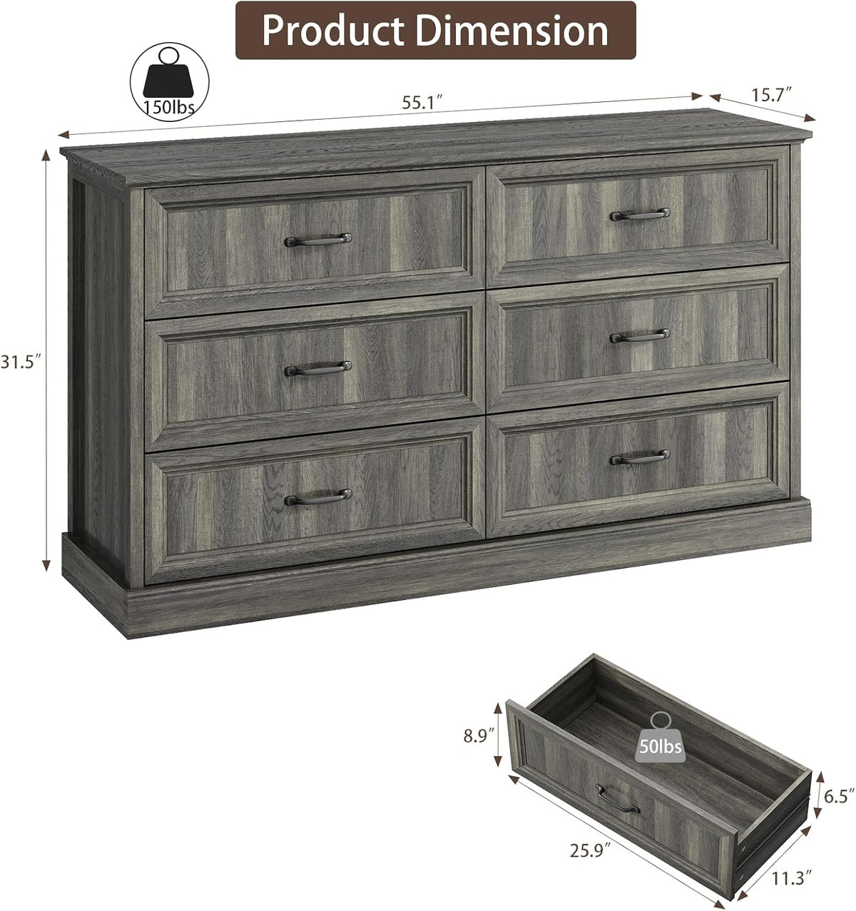 Farmhouse 6 Drawer Dresser for Bedroom, 55 Inch Wide Modern Grey Dresser TV Stand with Large