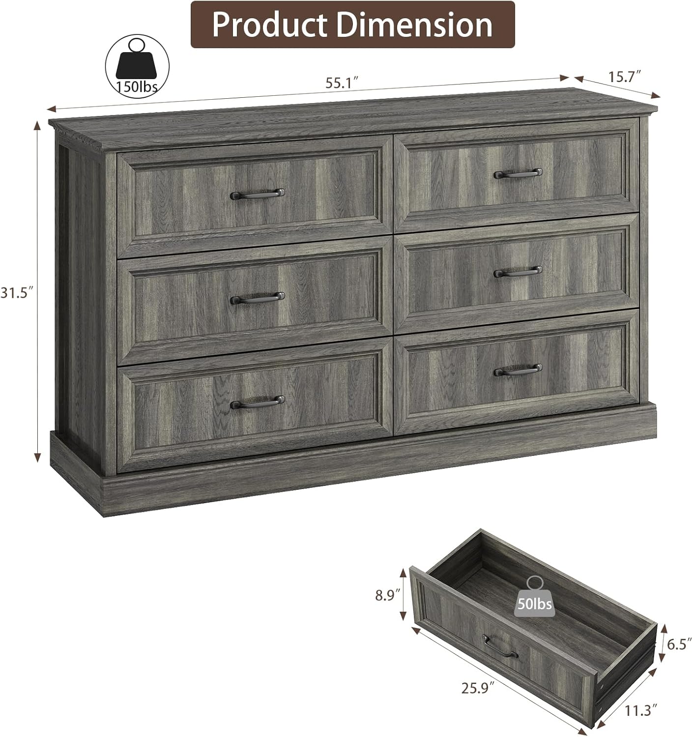 Farmhouse 6 Drawer Dresser for Bedroom, 55 Inch Wide Modern Grey Dresser TV Stand with Large